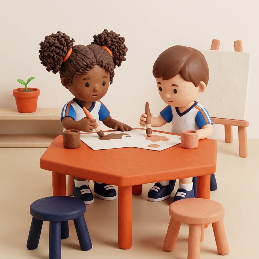 Cena da Educação Infantil do Colégio EAG: duas crianças pintando em mesa hexagonal