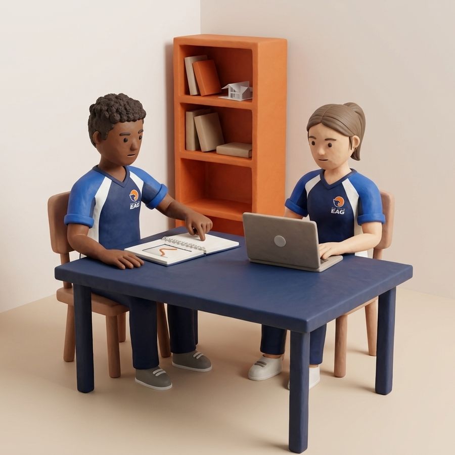 Cena do Ensino Médio do Colégio EAG: dois estudantes estudando com notebook e caderno