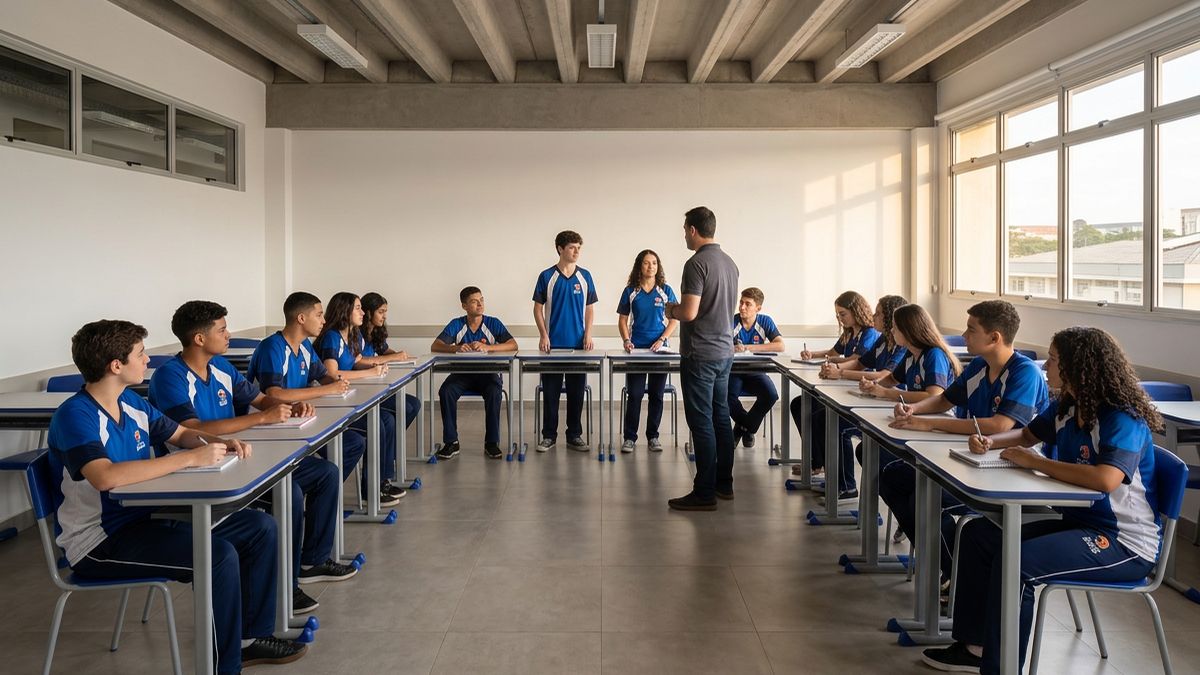 Sala de aula do Ensino Médio do Colégio EAG, com laje aparente e mesas em U