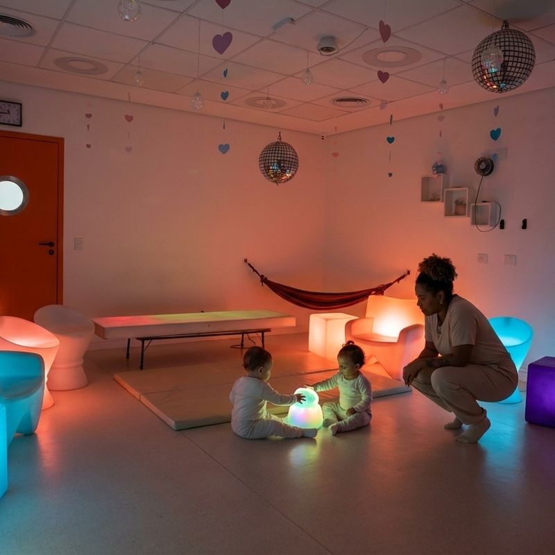 Sala sensorial do Colégio EAG, com luz colorida e mobiliário macio